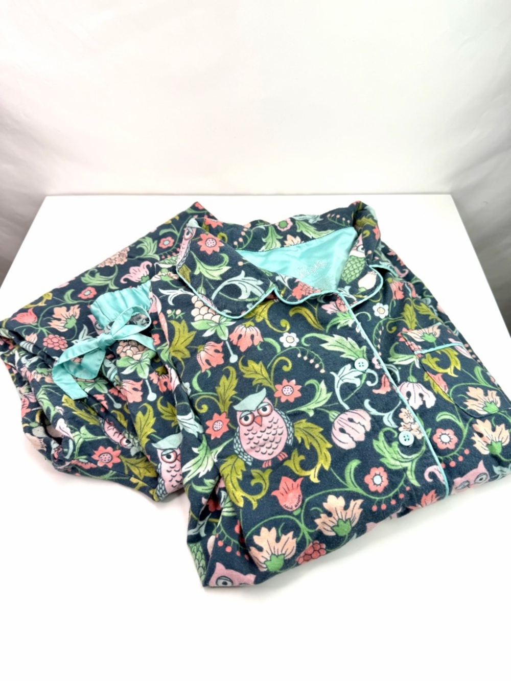 Nick & Nora Blue Green Owl Flannel Cotton Pajama XL Set
